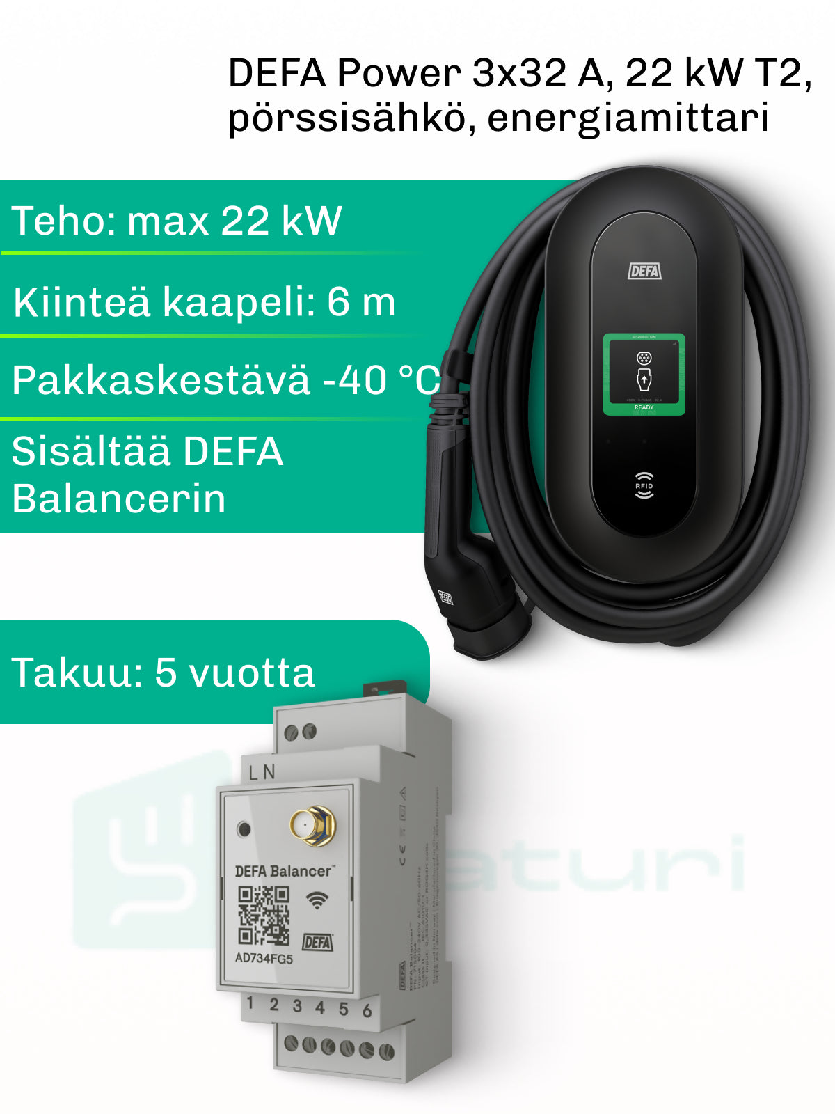 DEFA Power 22 kW T2 kiinteä kaapeli 6m, pörssisähkö
