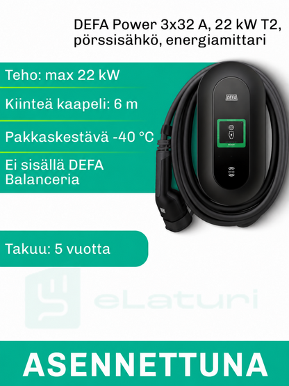 DEFA Power 22 kW T2 kiinteä kaapeli 6m, kuormahallinta, energiamittari MID, pörssisähkö