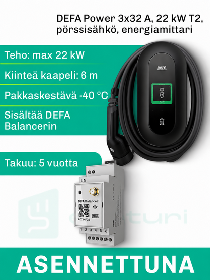 DEFA Power 22 kW T2 kiinteä kaapeli 6m, kuormahallinta, energiamittari MID, pörssisähkö