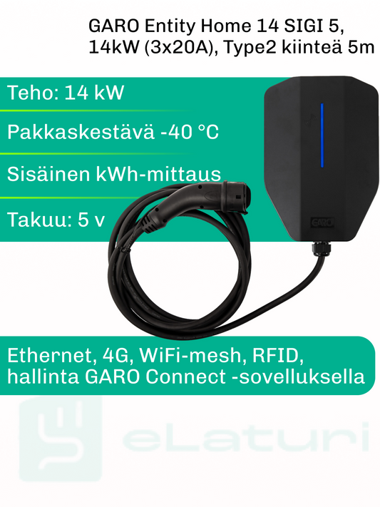 GARO Entity Home 14 kW – WiFi, RFID, OCPP-valmius, Type-2 5 m