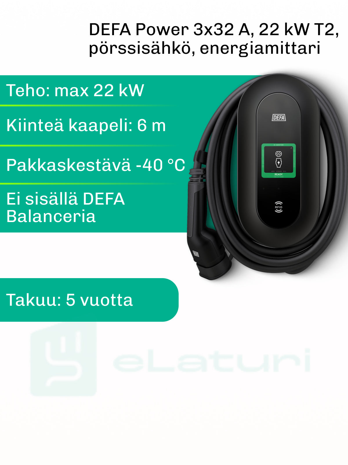 DEFA Power 22 kW T2 kiinteä kaapeli 6m, pörssisähkö