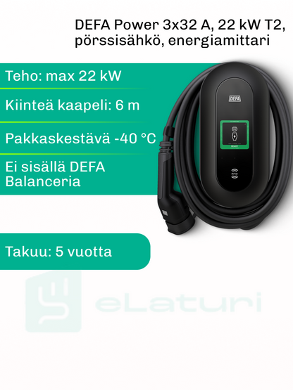DEFA Power 22 kW T2 kiinteä kaapeli 6m, kuormahallinta, energiamittari MID, pörssisähkö