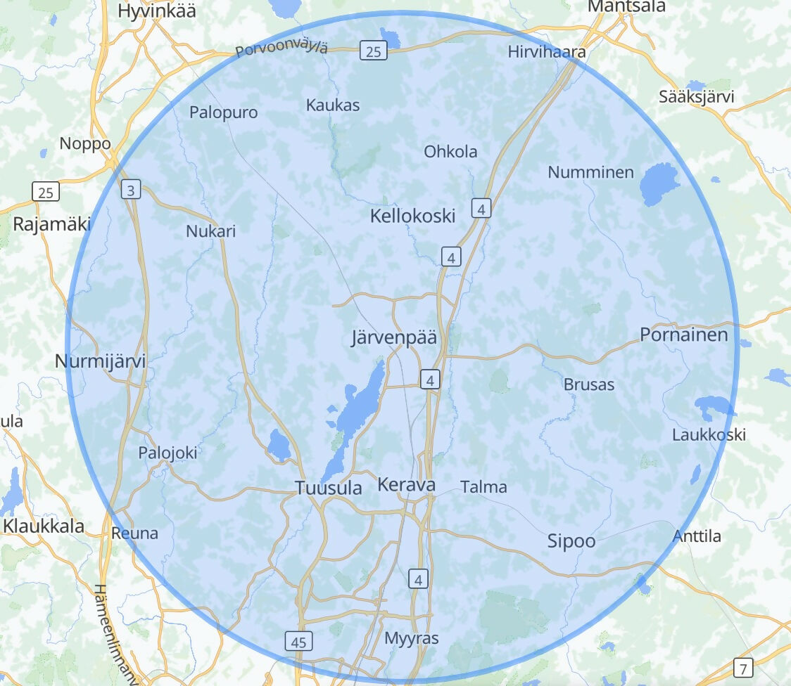 Latausaseman asennusalue 20 km säteellä Järvenpäästä Uudellamaalla.
