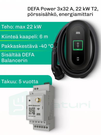 DEFA Power 22 kW T2 kiinteä kaapeli 6m, kuormahallinta, energiamittari MID, pörssisähkö
