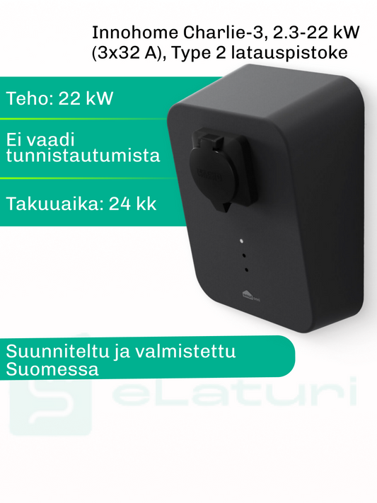 Innohome Charlie-3 latausaseman tekniset ominaisuudet ja teho 2.3-22 kW