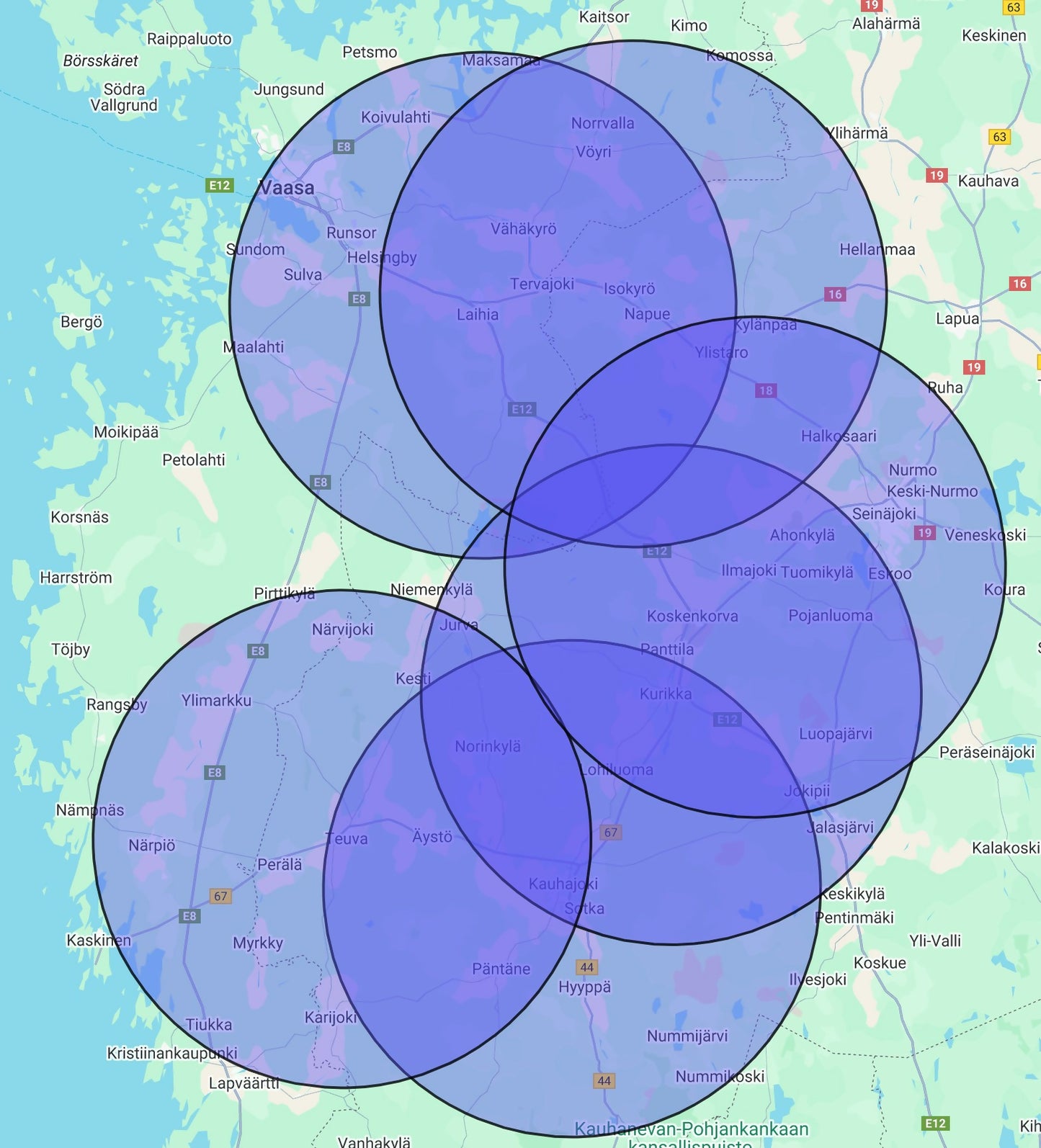 Kartta eLaturin sähköauton latausasemien asennuspalvelun toiminta-alueesta Pohjanmaalla ja Etelä-Pohjanmaalla