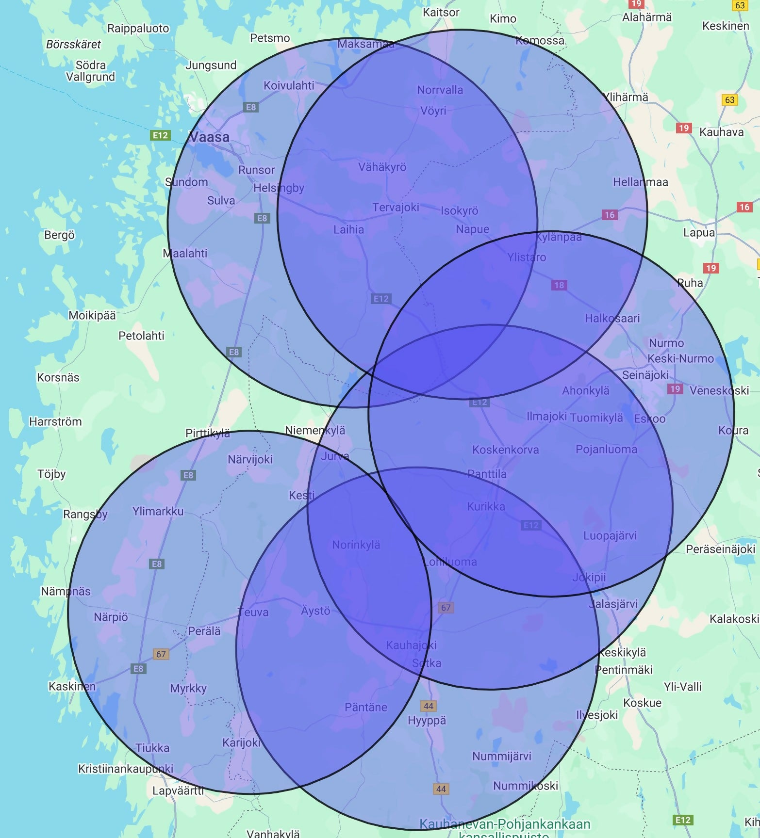 Kartta eLaturin sähköauton latausasemien asennuspalvelun toiminta-alueesta Pohjanmaalla ja Etelä-Pohjanmaalla