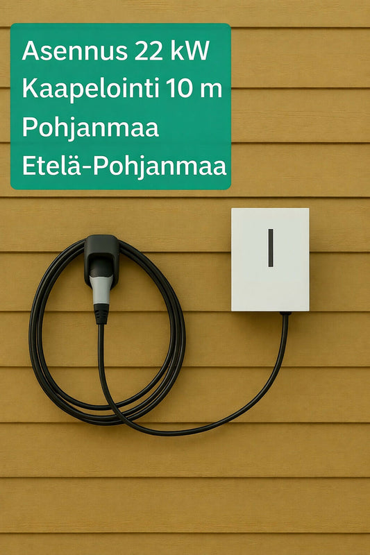 Sähköauton latausaseman 22 kW asennuspalvelu Pohjanmaan ja Etelä-Pohjanmaan alueella, sisältää 10 metrin kaapeloinnin