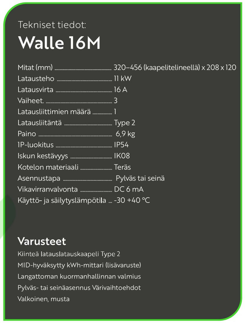WALLe 16M latausaseman tekniset tiedot ja ominaisuudet