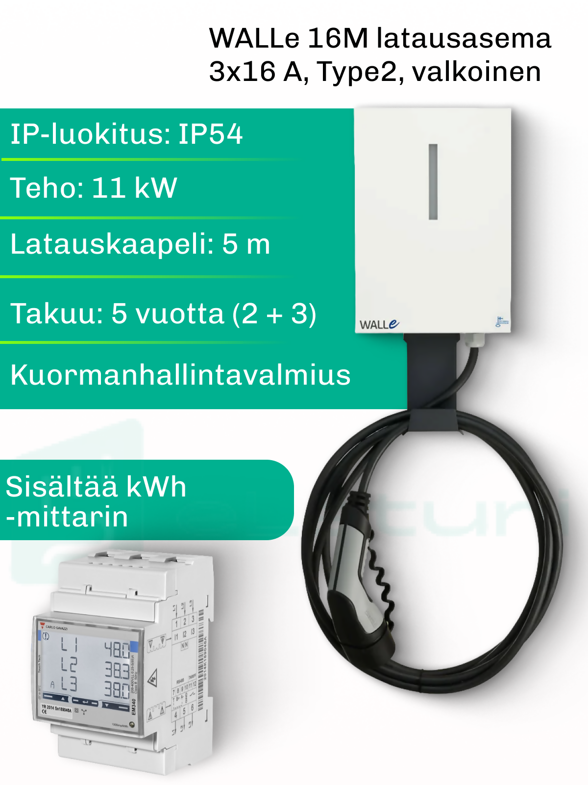 WALLe16M latausasema 11 kW latauskaapeli Type2, 5 m, sisältää kWh- mittarin, eLaturilta 