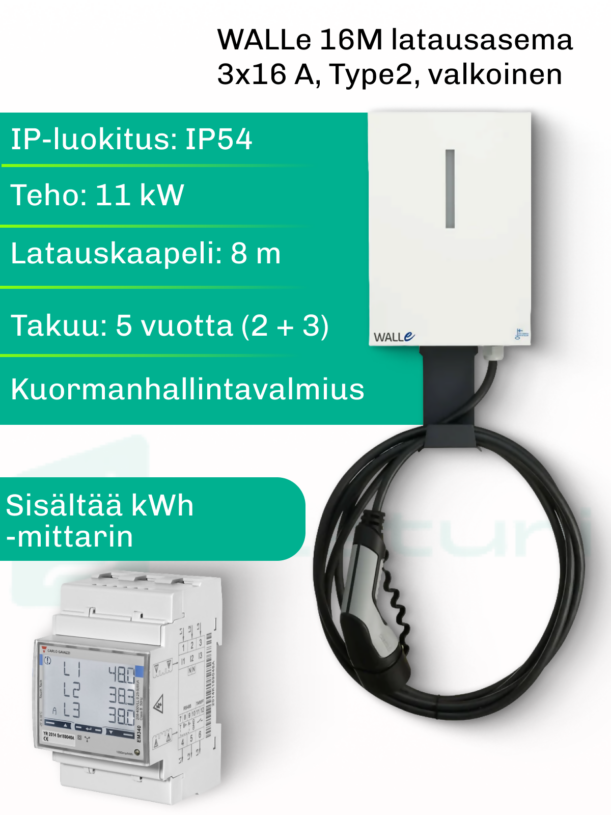 WALLe16M latausasema 11 kW latauskaapeli Type2, 8 m, sisältää kWh- mittarin, eLaturilta 