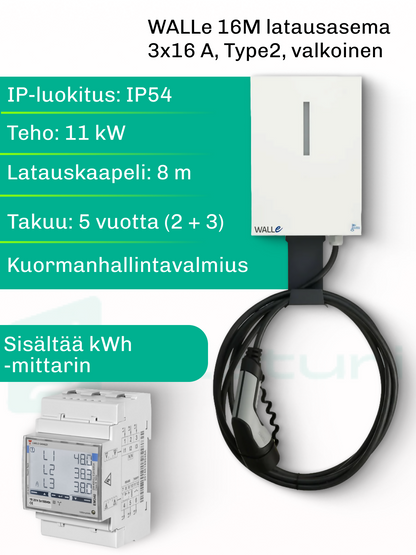 WALLe16M latausasema 11 kW latauskaapeli Type2, 8 m, sisältää kWh- mittarin, eLaturilta 